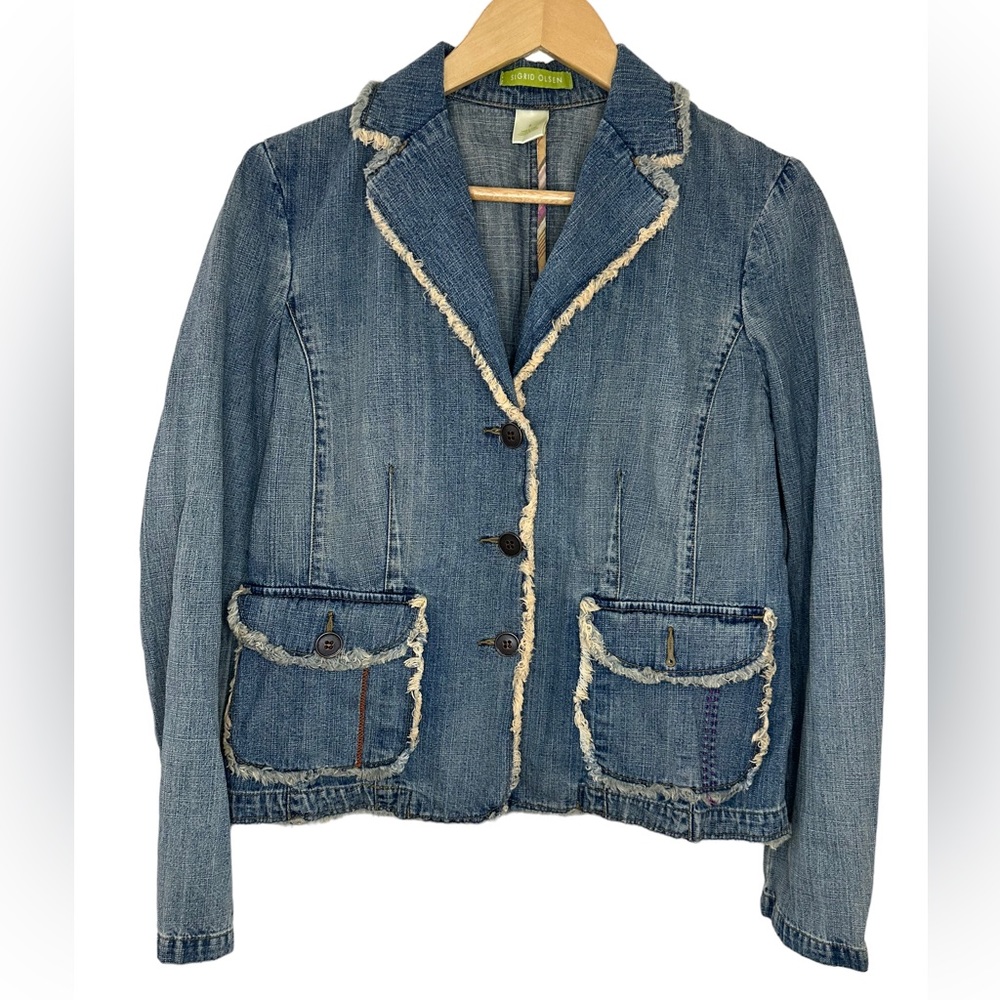 Sigrid Olsen Jean Jacket Womens Size 8 Blue Denim Fringe Trim Buttoned Pockets